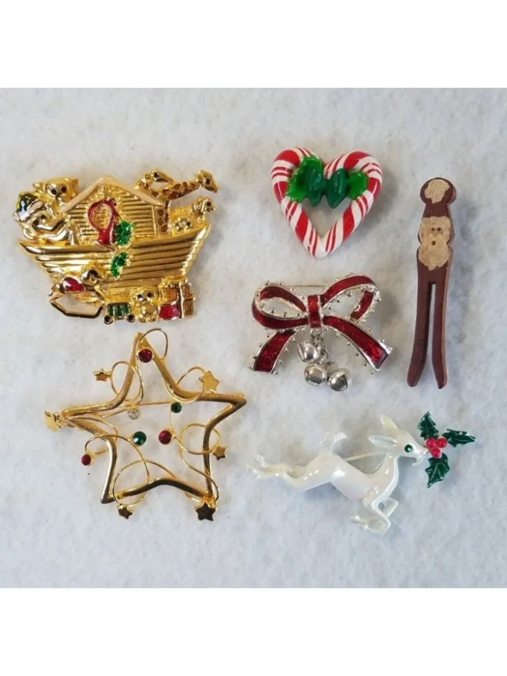 6 Christmas Holiday Brooches Pins Gold Tone Enamel Rhinestone Noahs Ark Deer